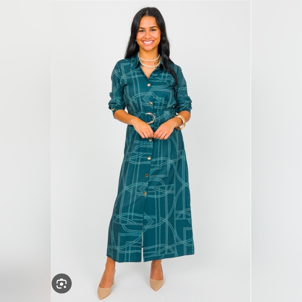 Zara Teal Long Sleeve Patterned Dress